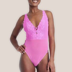 NWT Auden Lace-Up Halter Lingerie Sheer Bodysuit in Neon Pink